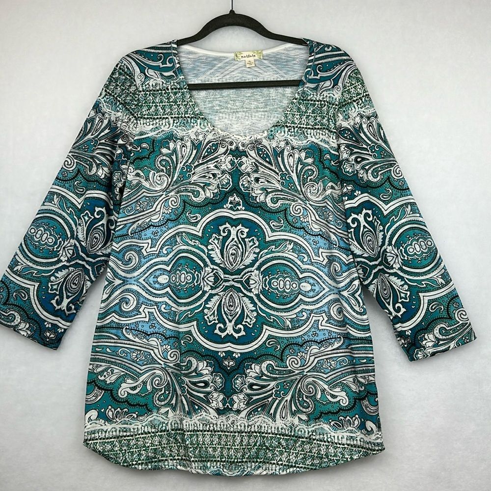 Women Blouse Top Office Career 3/4 Sleeves Floral Panel Print Size XL Stretch